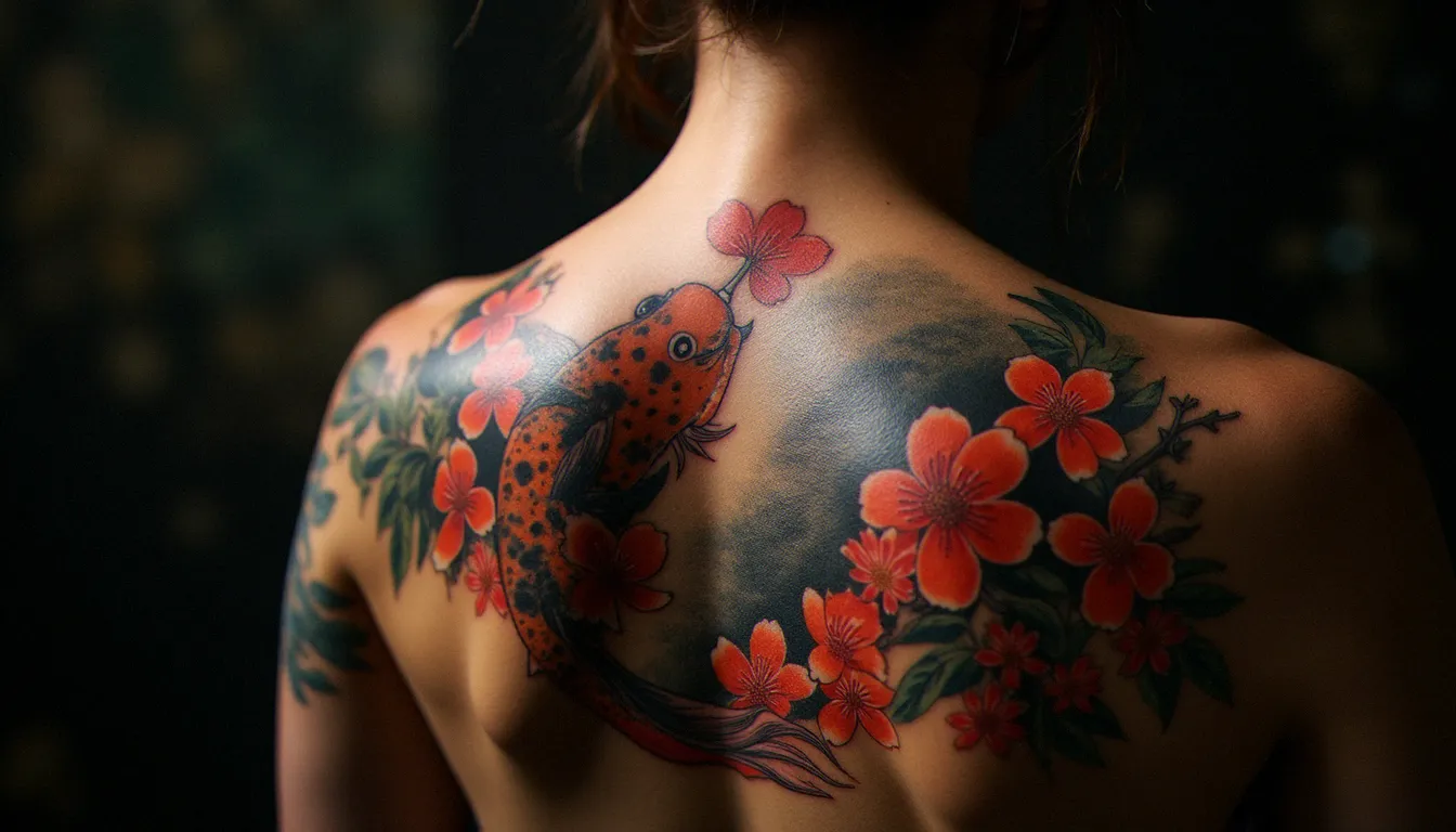 Gros plan d'un tatouage traditionnel japonais irezumi sur le dos représentant une carpe koï et des cerisiers en fleurs, symboles culturels au cœur de l'interdiction tatouage onsen
