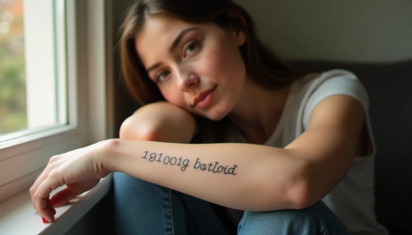 Femme montrant un tatouage date de naissance cicatrisé sur l'avant-bras, éclairage naturel doux