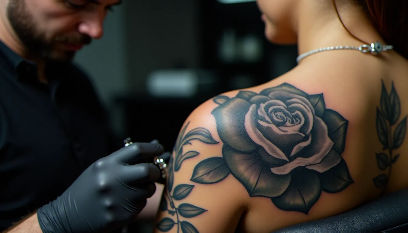 Tatoueuse travaillant sur un tatouage de rose en black and grey sur l'épaule d'une cliente, vue en gros plan sur le processus de tatouage