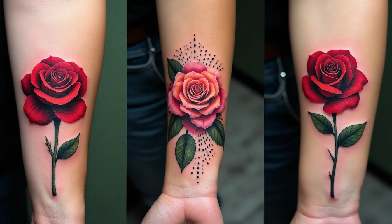 Comparaison de tatouages de roses cicatrisés en différents styles sur la peau — old school, dotwork géométrique et aquarelle