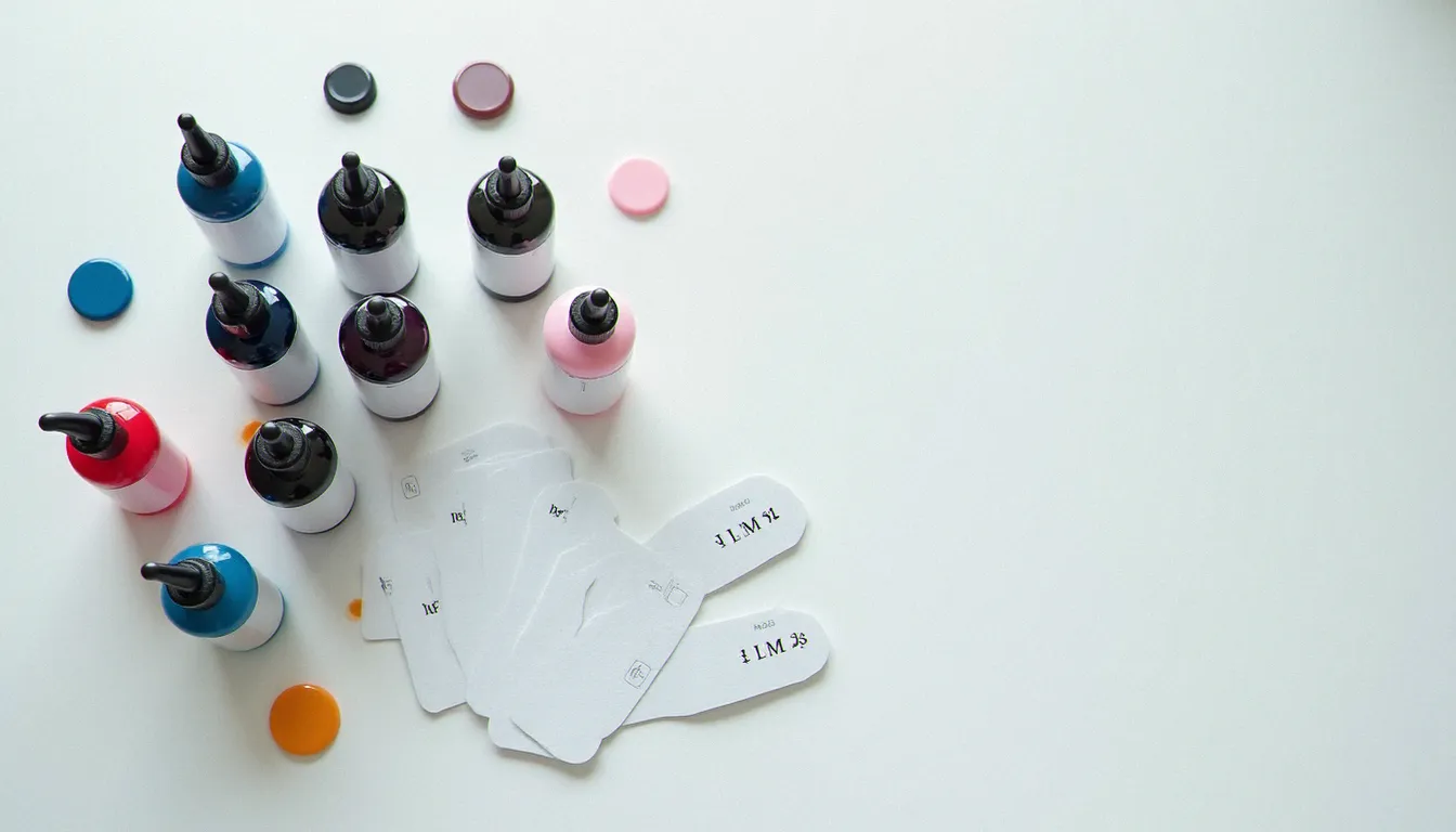 Flacons d'encres de tatouage professionnelles disposés à côté d'un kit de tests allergiques dermatologiques sur surface blanche