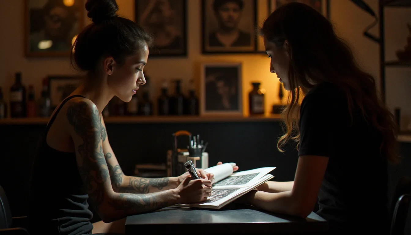 Femme avec peau sensible en consultation avec une tatoueuse dans un studio, discussion sur les précautions médicales avant tatouage