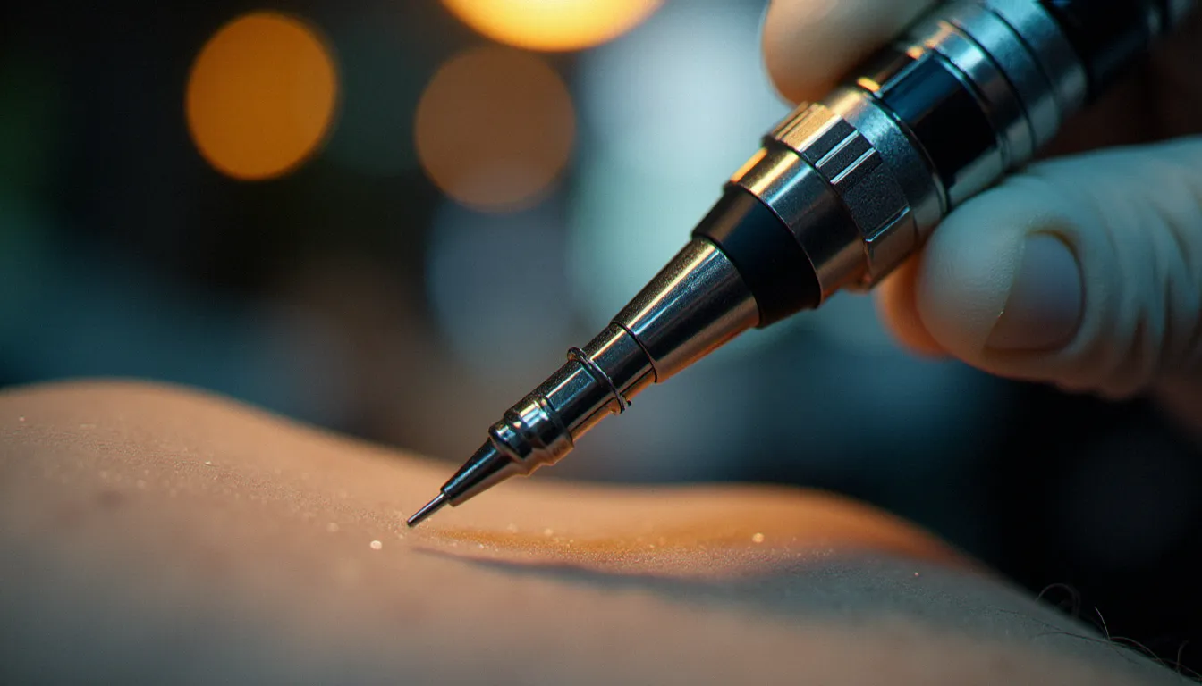 Macro d'une machine à tatouer rotative de type pen avec cartouche d'aiguilles visible, posée sur un plan de travail stérile en studio de tatouage
