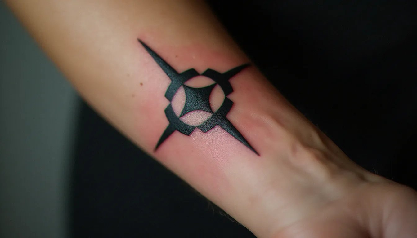 Tatouage géométrique en encre noire fraîchement réalisé sur un avant-bras, montrant la légère rougeur caractéristique de la phase de cicatrisation initiale