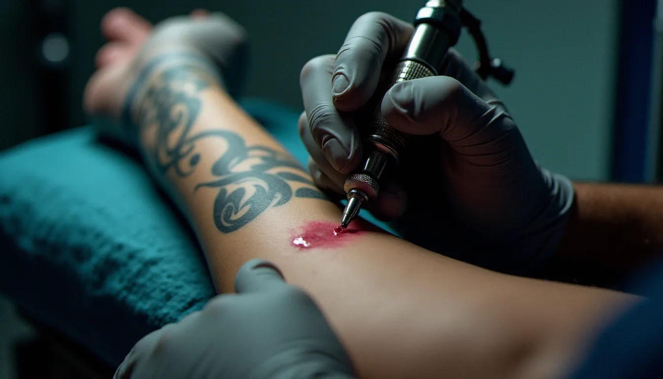Gros plan d'un tatoueur professionnel utilisant une machine rotative sur l'avant-bras d'un client, illustrant le fonctionnement d'un tatouage