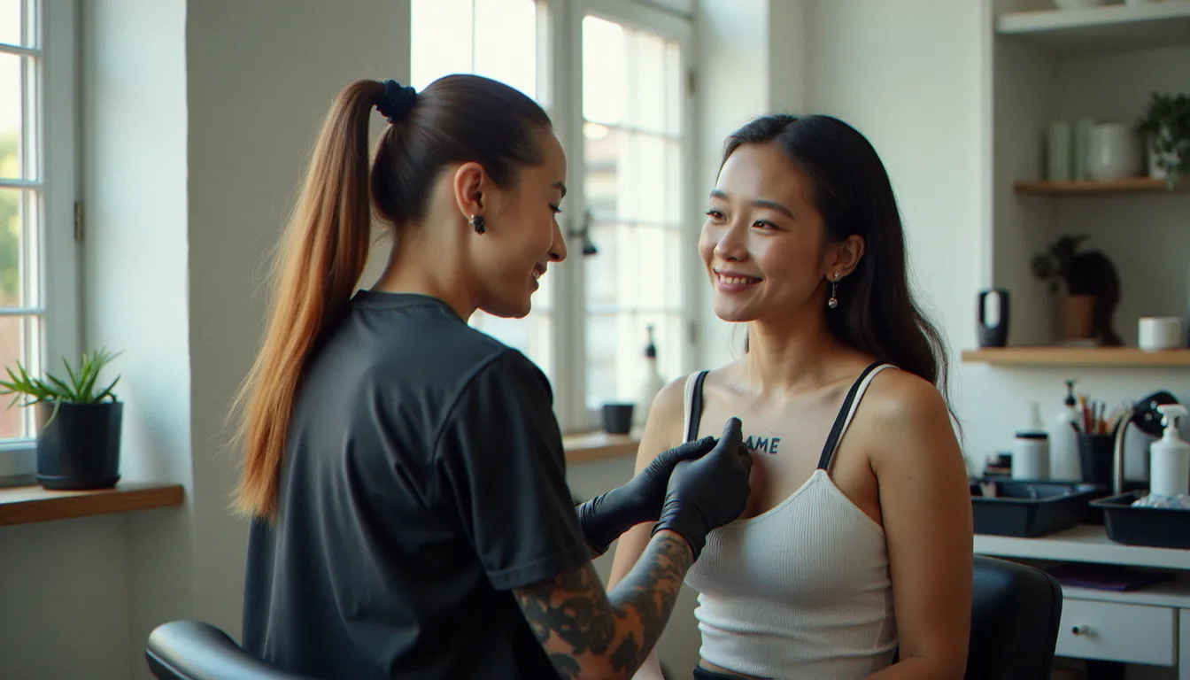 Application d'un gabarit de tatouage sur l'omoplate d'une cliente dans un studio lumineux, étape de validation avant le début de la séance