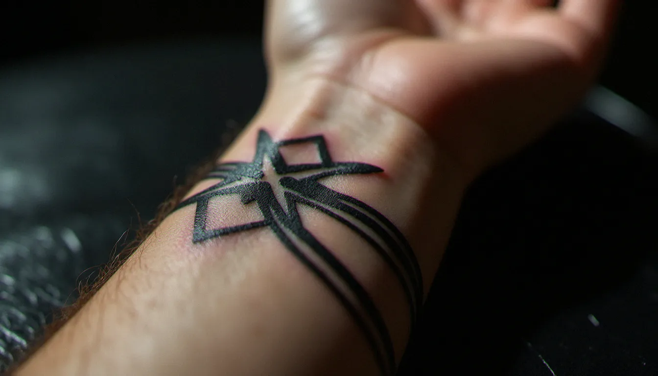 Gros plan sur un tatouage géométrique cicatrisé au poignet, montrant la qualité des lignes après la phase de cicatrisation complète