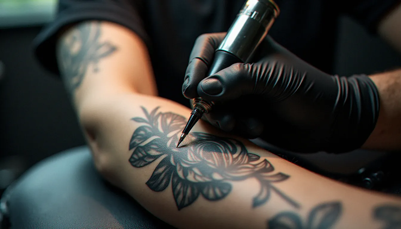 Tatoueur professionnel en train de réaliser un tatouage botanique sur l'avant-bras d'un client, illustrant comment se passe une séance de tatouage en studio