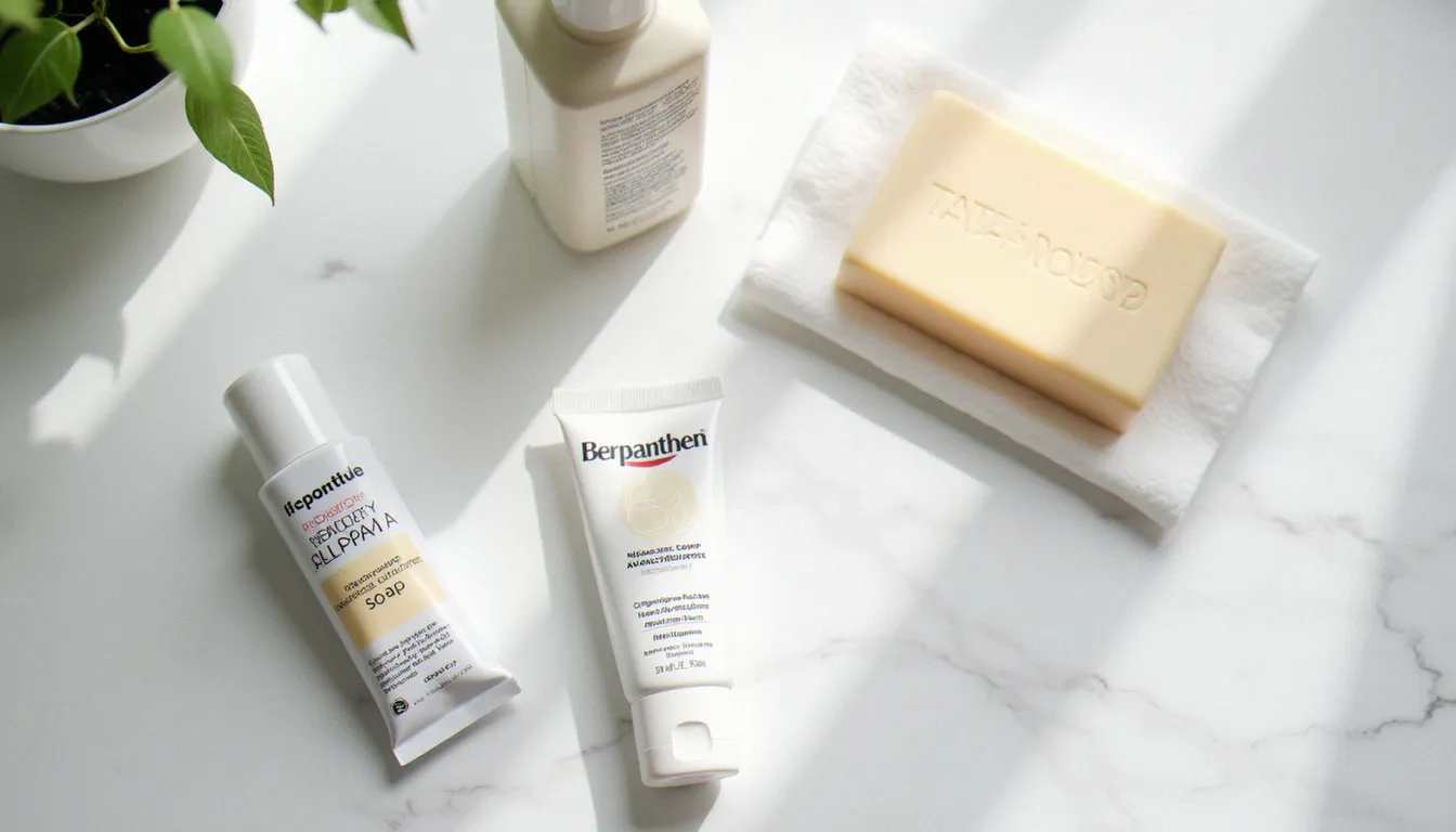 Vue de dessus des produits de soin pour tatouage recommandés posés sur du marbre blanc : savon surgras, crème Bepanthen et hydratant doux