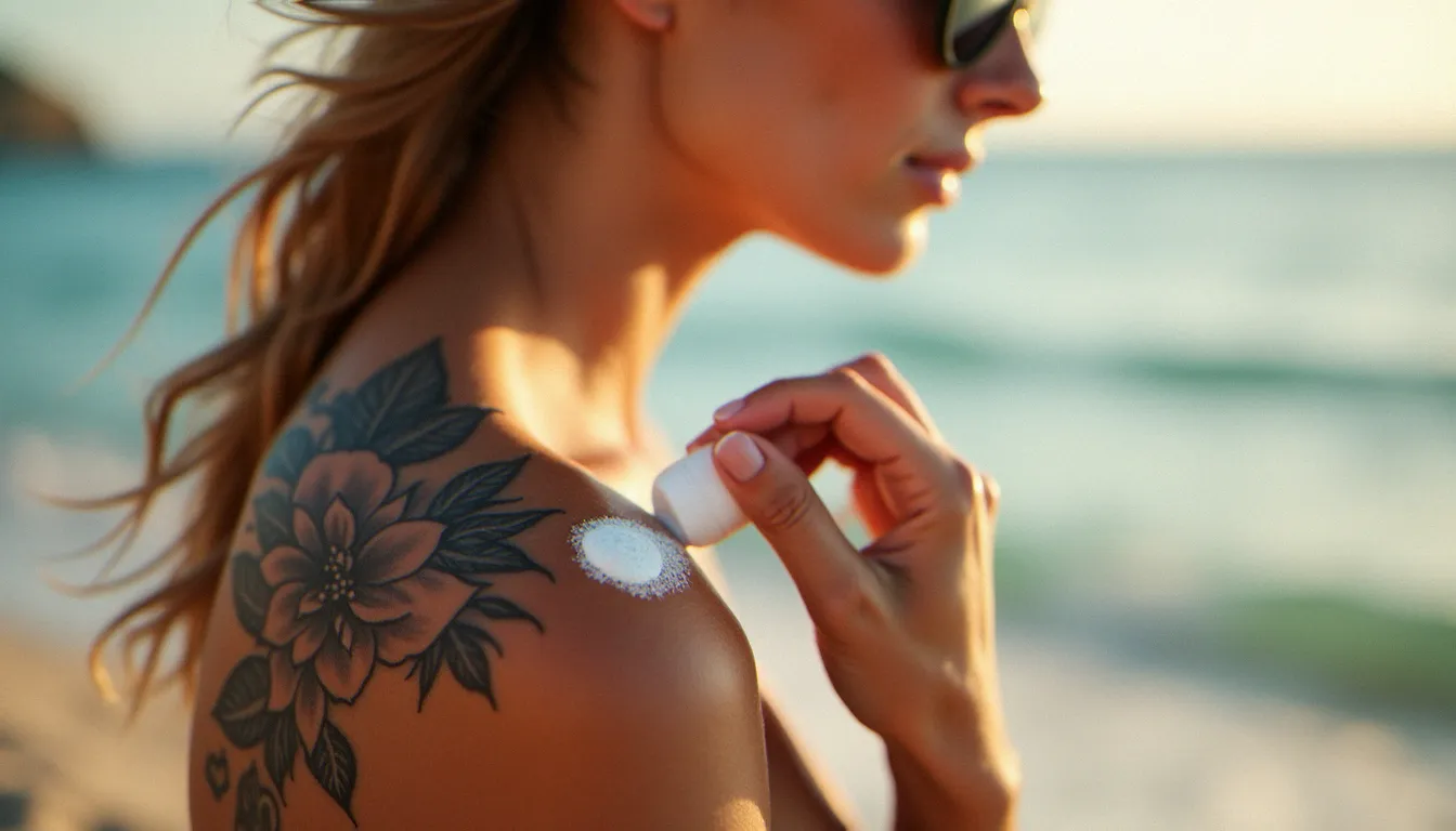 Femme appliquant une crème solaire SPF 50 sur un tatouage floral à l'épaule en bord de mer, illustrant la protection solaire indispensable pour prendre soin d'un tatouage