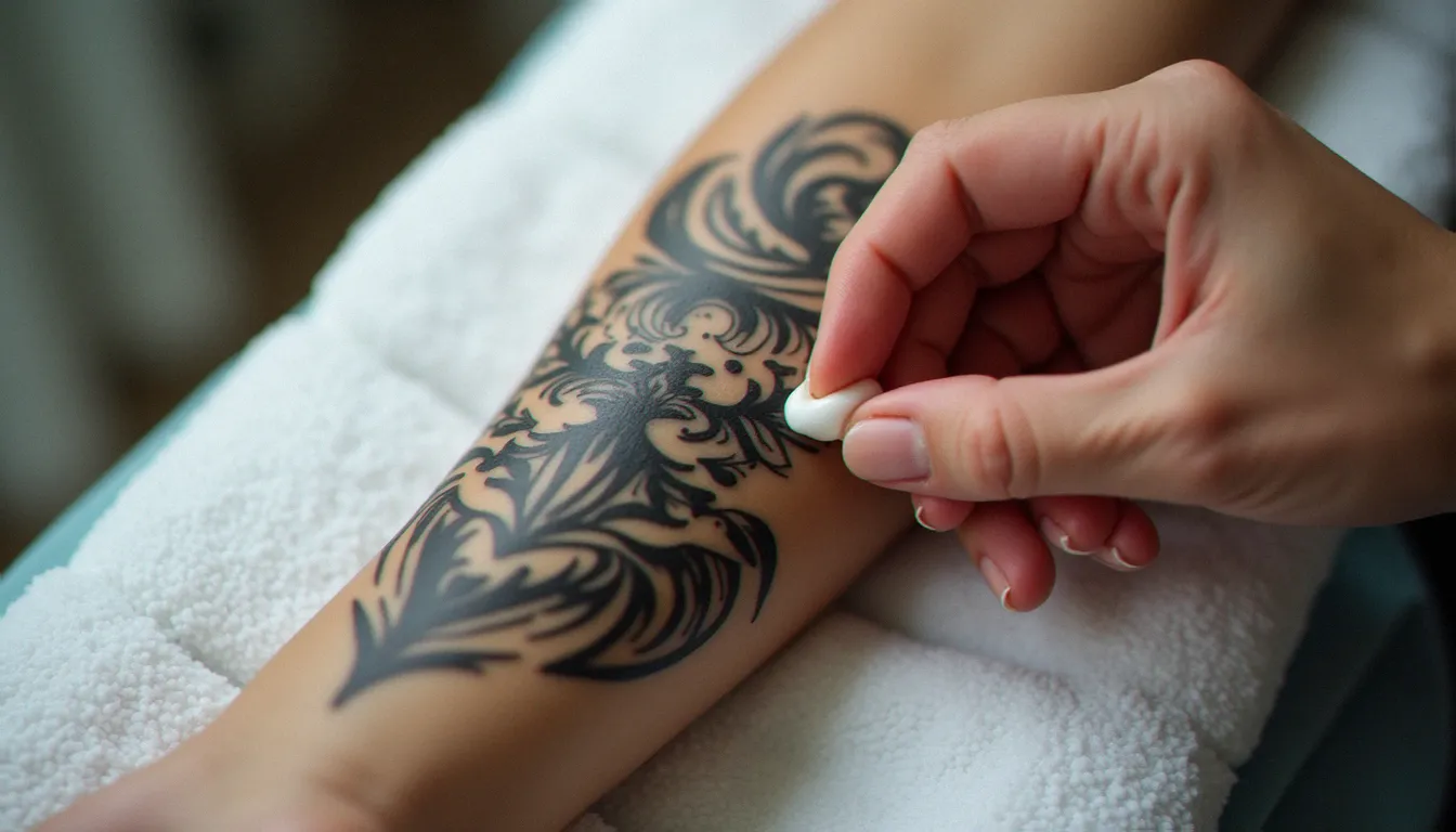 Application d'une crème cicatrisante sur un tatouage en noir et gris représentant un motif botanique, illustrant les soins d'un tatouage comment en prendre soin correctement