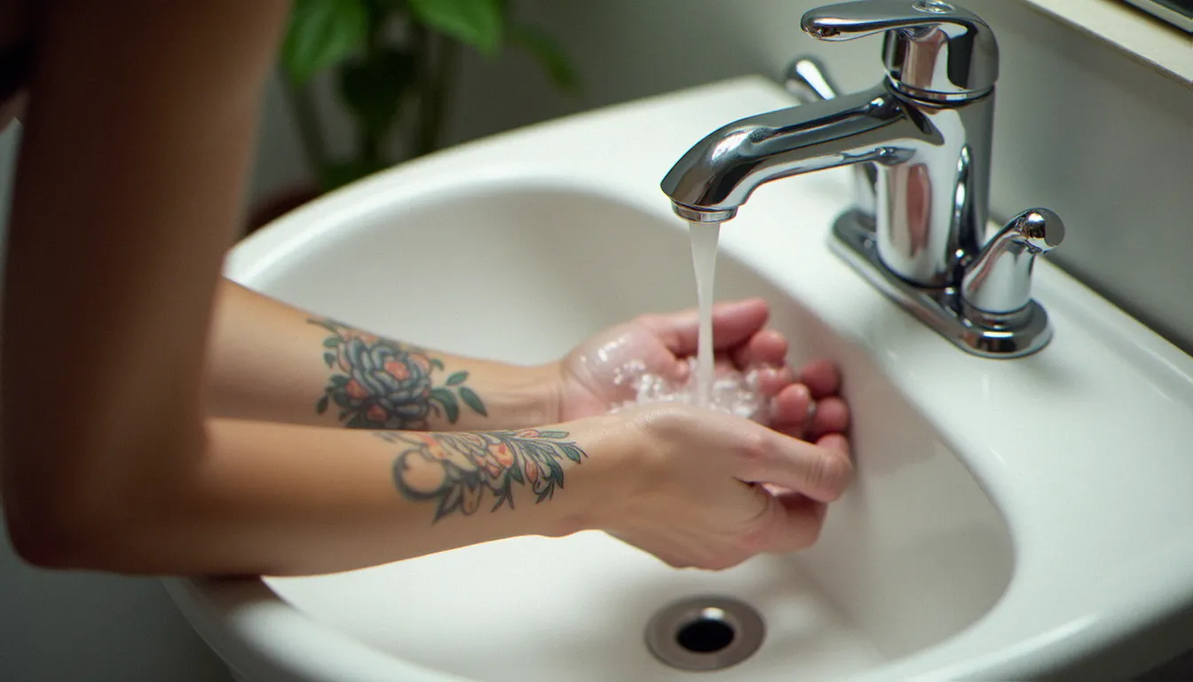 Nettoyage délicat d'un tatouage à l'eau tiède et savon doux dans une salle de bain, étape essentielle des soins quotidiens du tatouage