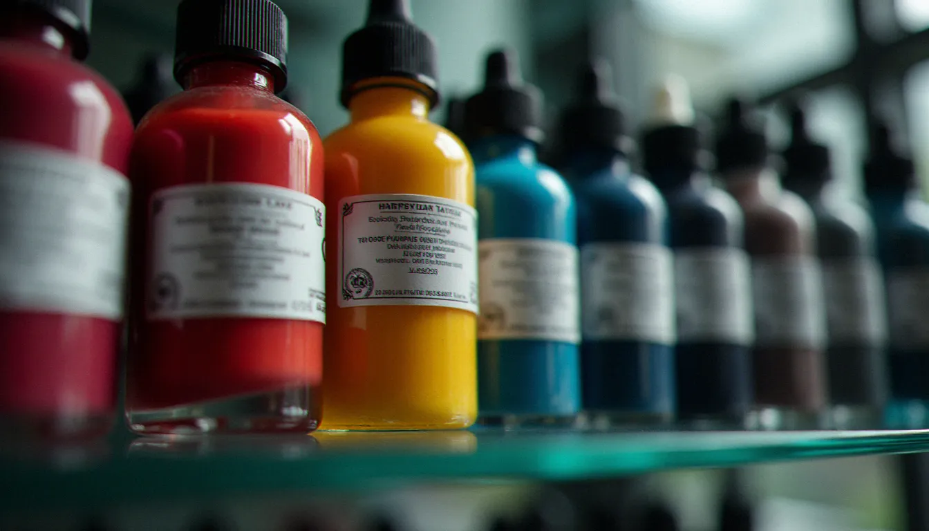 Flacons d'encres de tatouage certifiées conformes au règlement REACH alignés sur une étagère en verre dans un studio professionnel