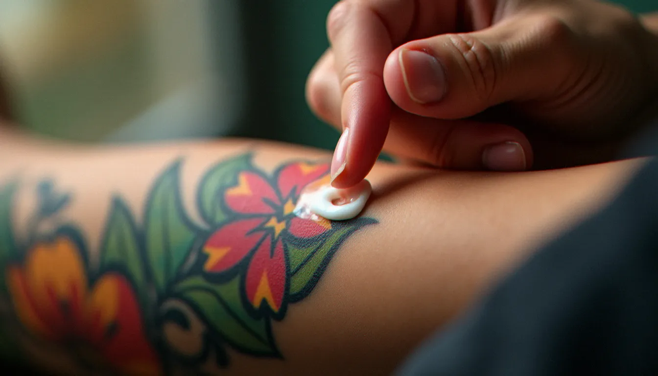 Personne appliquant une crème cicatrisante sur un tatouage coloré bien cicatrisé sur l'avant-bras, geste de soin post-tatouage dans un contexte de lumière naturelle