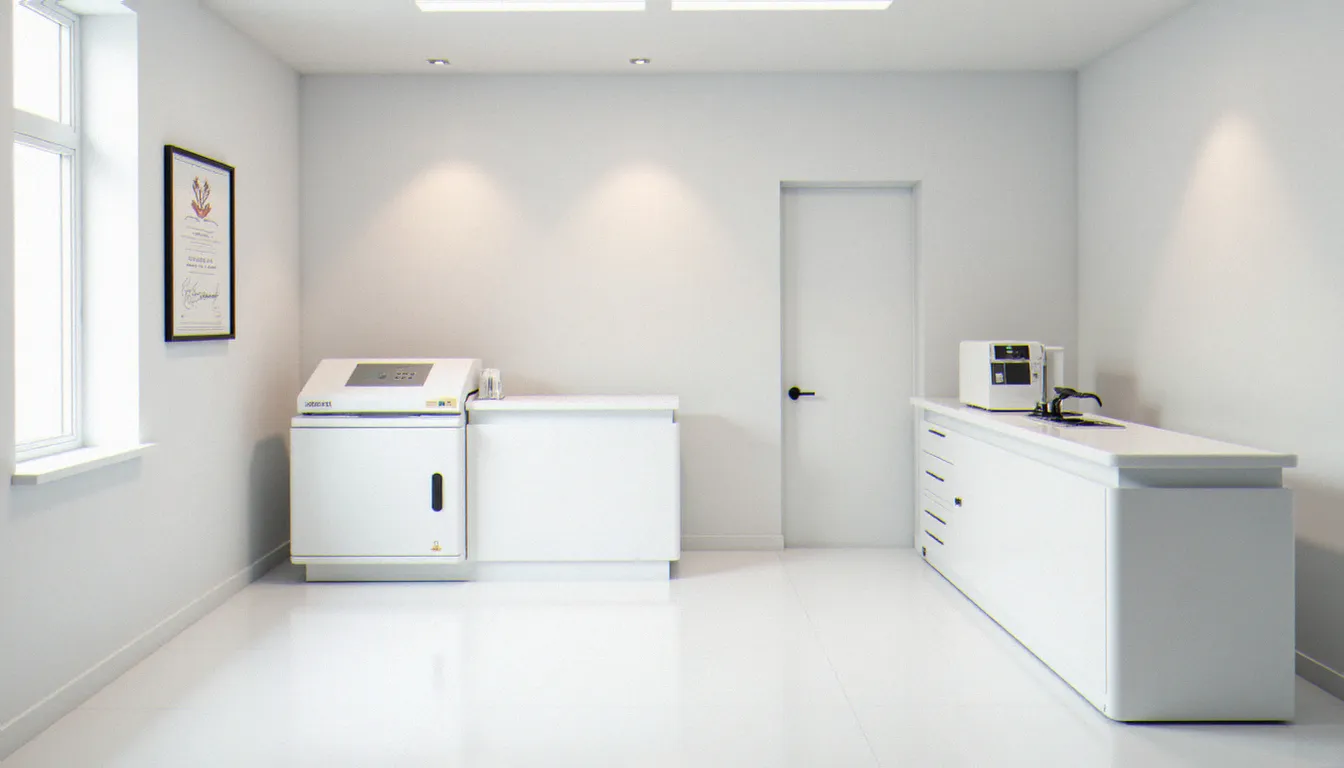 Espace de travail d'un studio de tatouage professionnel propre et conforme aux normes sanitaires françaises, avec autoclave et certifications visibles