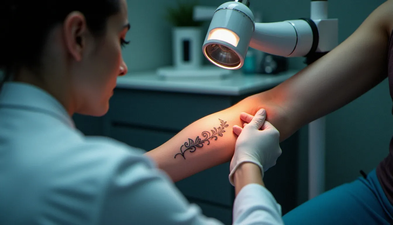 Dermatologue examinant une réaction cutanée autour d'un tatouage frais sur l'avant-bras d'un patient, illustrant la surveillance médicale nécessaire après un tatouage potentiellement dangereux pour la santé