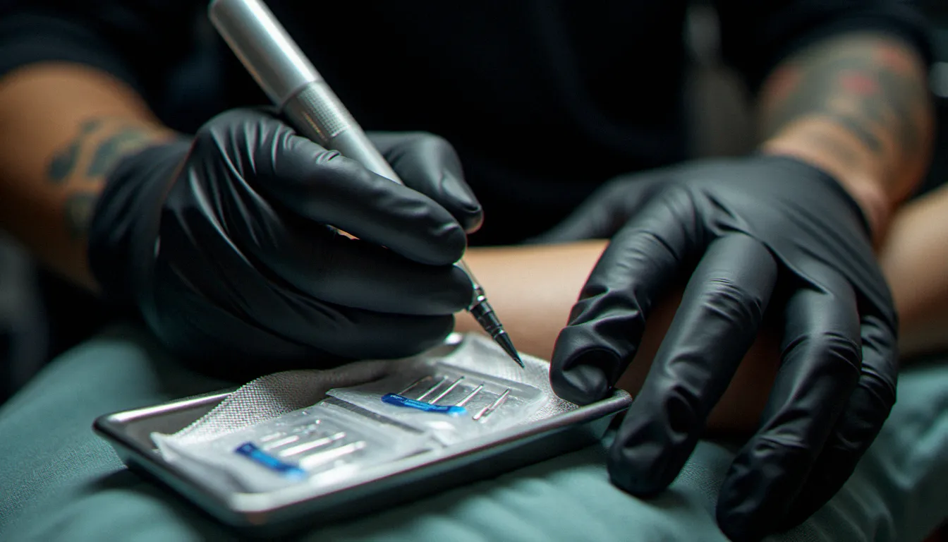Tatoueur professionnel en gants stériles examinant la peau d'un client avant un tatouage, matériel stérile visible, illustrant les précautions pour éviter un tatouage dangereux pour la santé