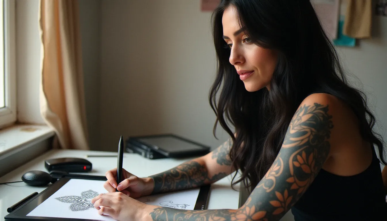 Tatoueuse dessinant un motif de tatouage dentelle discret sur tablette graphique dans son studio lumineux