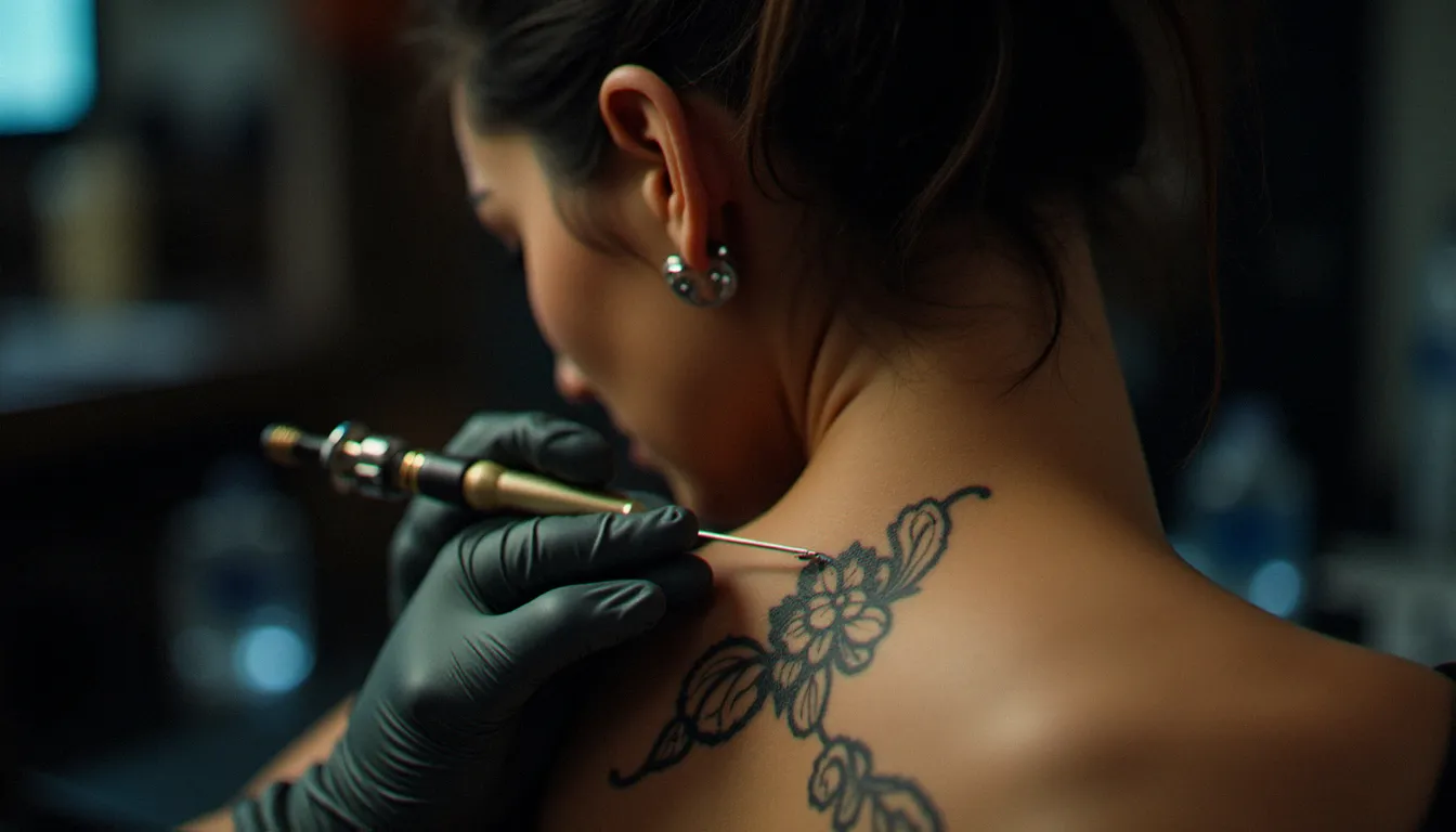 Tatoueuse réalisant un tatouage dentelle discret sur la nuque d'une cliente dans un studio professionnel éclairé