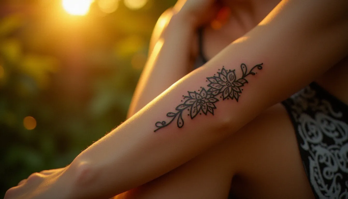 Tatouage dentelle discret cicatrisé sur l'intérieur du poignet d'une femme, motifs fins en dotwork éclairés par une lumière dorée naturelle