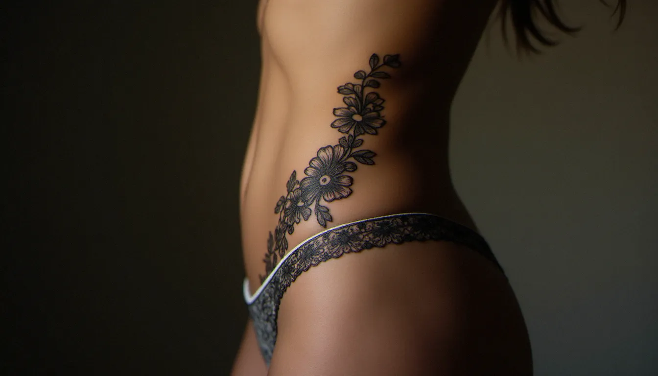 Grand tatouage dentelle discret sur les côtes d'une femme, motif lacé floral en fine line noir encadrant la cage thoracique