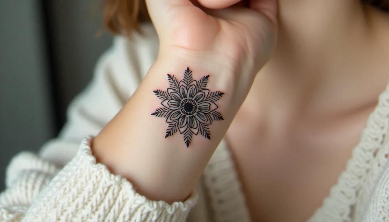 Tatouage dentelle discret sur l'intérieur du poignet d'une femme, motif floral en fine line noir, lumière naturelle douce