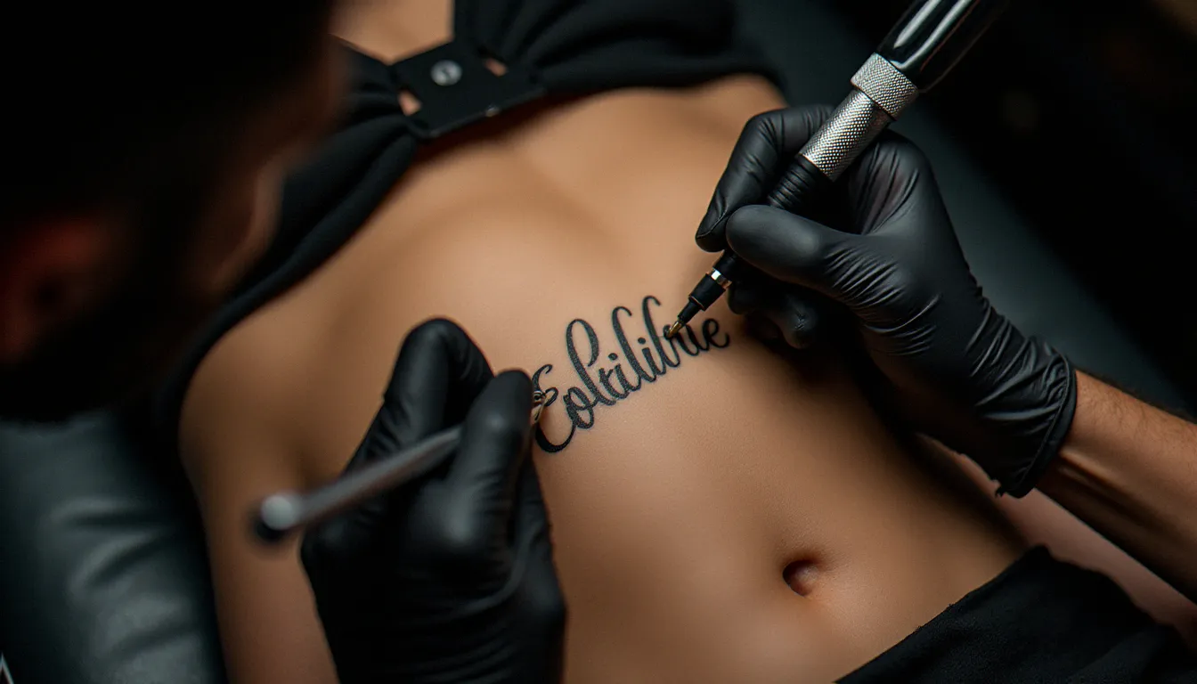 Tatoueuse appliquant une phrase en typographie fine sur les côtes d'une cliente en studio professionnel