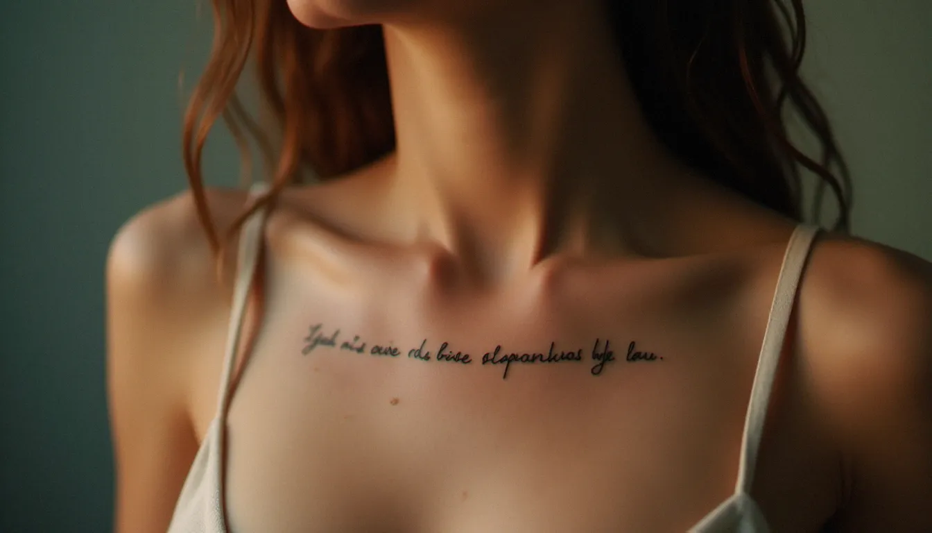 Tatouage discret d'une phrase courte en police serif minimaliste sur la clavicule d'une femme, ambiance élégante et intime