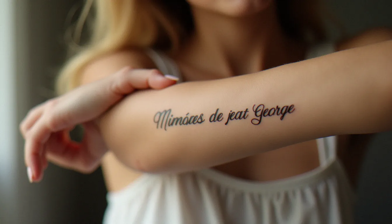 Tatouage discret femme phrase en écriture cursive fine sur la face interne de l'avant-bras, éclairage naturel doux