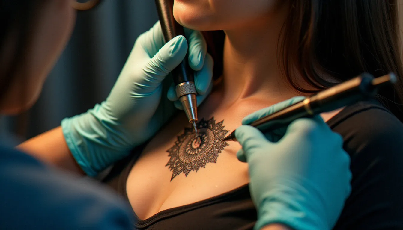 Tatoueuse professionnelle réalisant un tatouage du mamelon avec un motif mandala floral, en studio de tatouage professionnel sous éclairage chaud