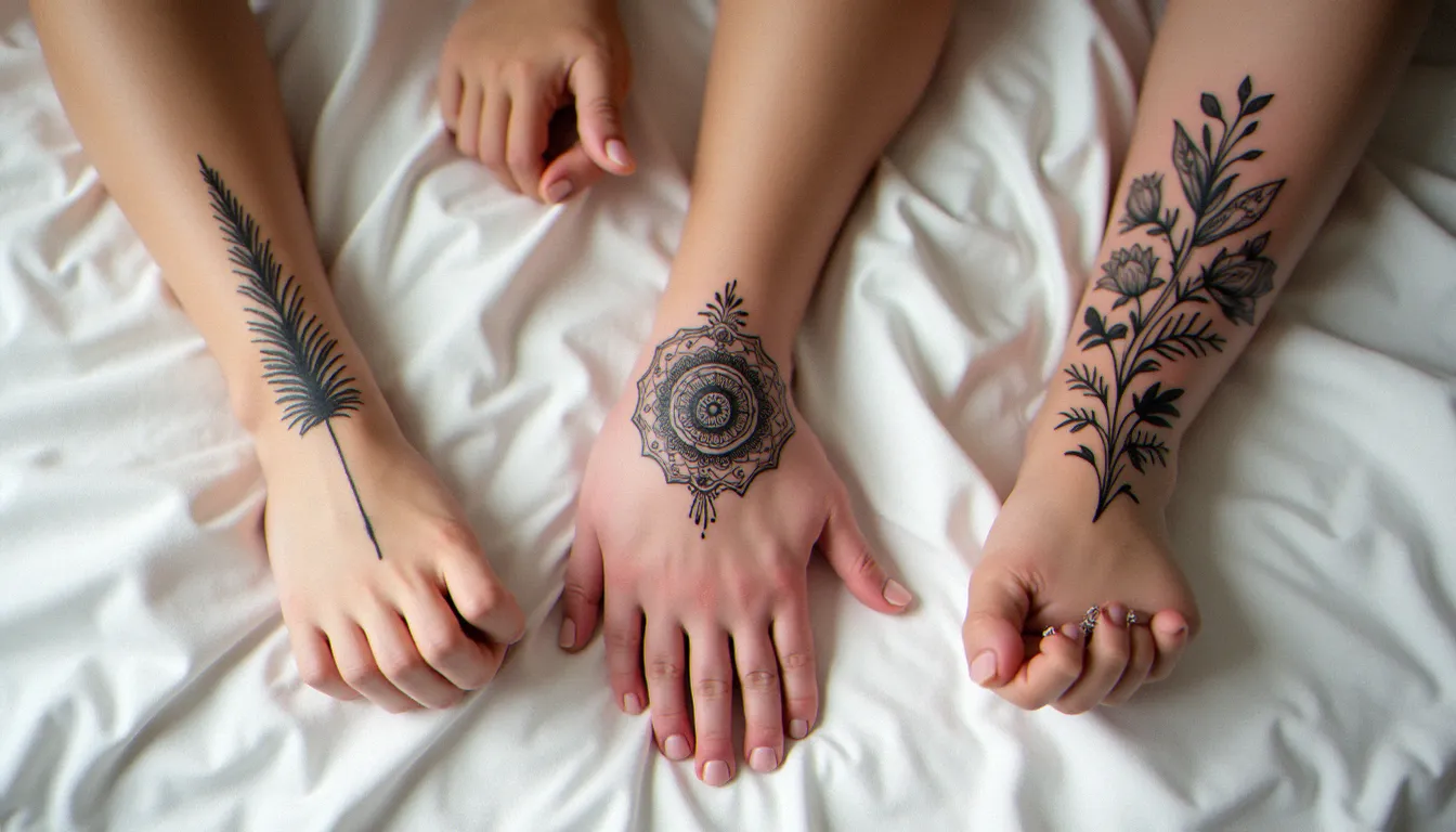 Comparaison de tatouages cicatrisés sur différents endroits du corps — avant-bras, épaule et cuisse — avec des designs botaniques et géométriques en fine ligne