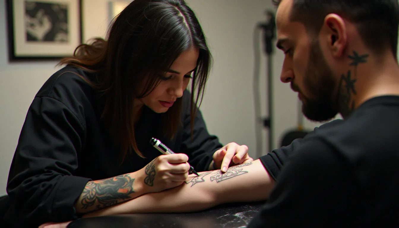 Tatoueuse dessinant l'emplacement d'un tatouage endroit sur l'avant-bras d'une cliente dans un studio de tatouage moderne et lumineux à Montpellier