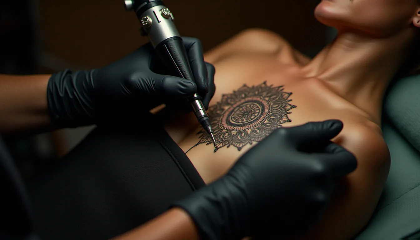 Tatoueuse professionnelle en train d'appliquer un mandala géométrique sur le sternum d'une cliente dans un studio de tatouage contemporain