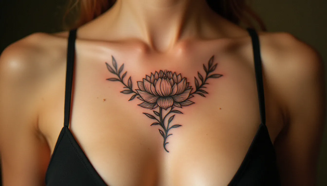 Tatouage entre la poitrine représentant un lotus en fine line sur le sternum d'une femme, illustration de la signification de renaissance et d'attachement profond