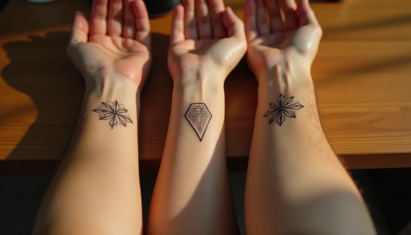 Trois avant-bras portant des fragments complémentaires d'un même motif géométrique, illustrant un tatouage puzzle entre les siens