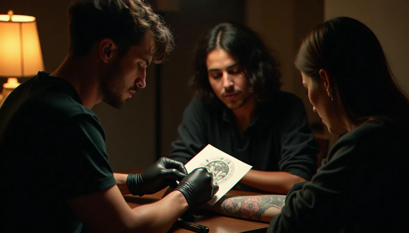 Une tatoueuse appliquant un gabarit sur le poignet d'une cliente pendant qu'une autre personne observe, dans un studio de tatouage à l'ambiance chaleureuse
