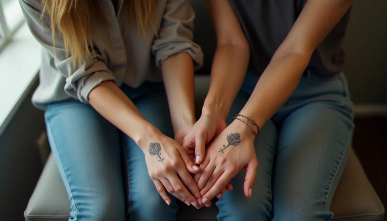 Deux femmes comparant leurs tatouages entre les siennes, motifs botaniques fins sur les poignets, dans un studio de tatouage à l'ambiance épurée