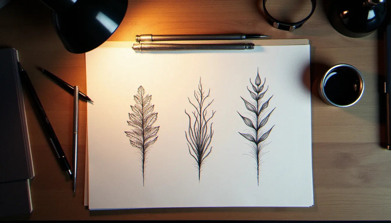 Croquis de motifs pour tatouage entre sein fin posés sur un bureau de studio de tatouage, dessins botaniques et géométriques en fine line tracés à l'encre noire