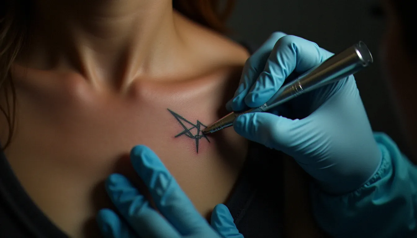 Tatoueuse appliquant un soin cicatrisant sur un tatouage entre sein fin représentant une constellation, mains gantées en gros plan dans un studio professionnel