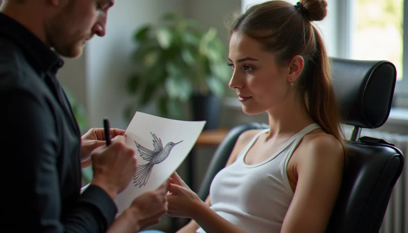 Jeune femme de 18 ans tenant le dessin de son premier tatouage dans un studio professionnel français, symbolisant la préparation du premier tatouage après la majorité légale