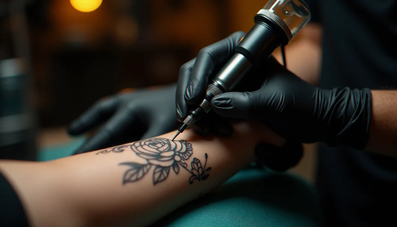 Mains gantées d'un tatoueur professionnel réalisant un tatouage botanique détaillé sur l'avant-bras d'un client majeur dans un studio de tatouage certifié conforme à la réglementation française