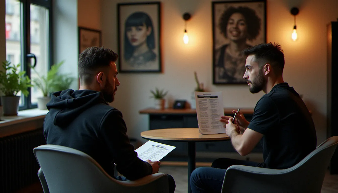 Consultation entre tatoueuse et client dans un studio professionnel français, discussion sur les tarifs et le choix du design