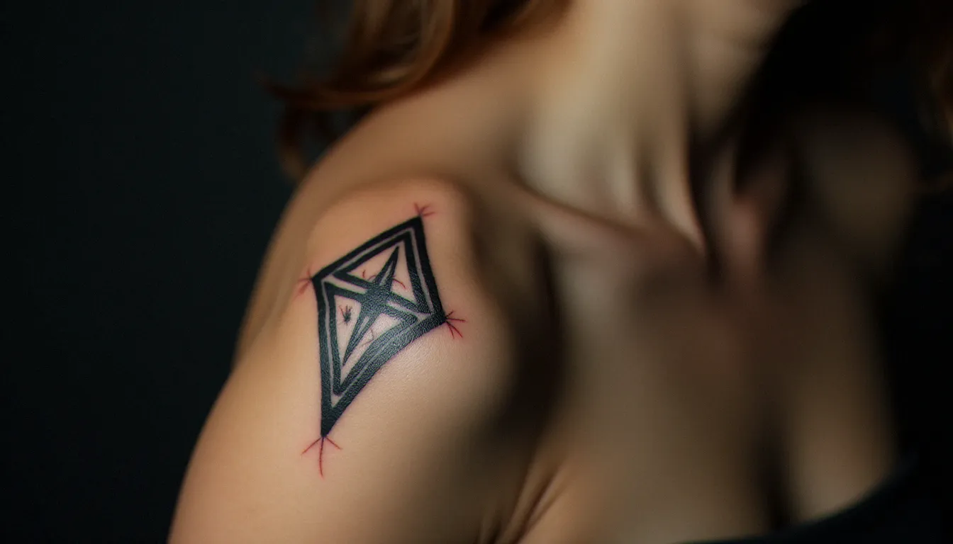 Tatouage géométrique détaillé fraîchement réalisé sur l'omoplate d'une femme, illustrant la qualité justifiant un prix élevé pour un tatouage en France