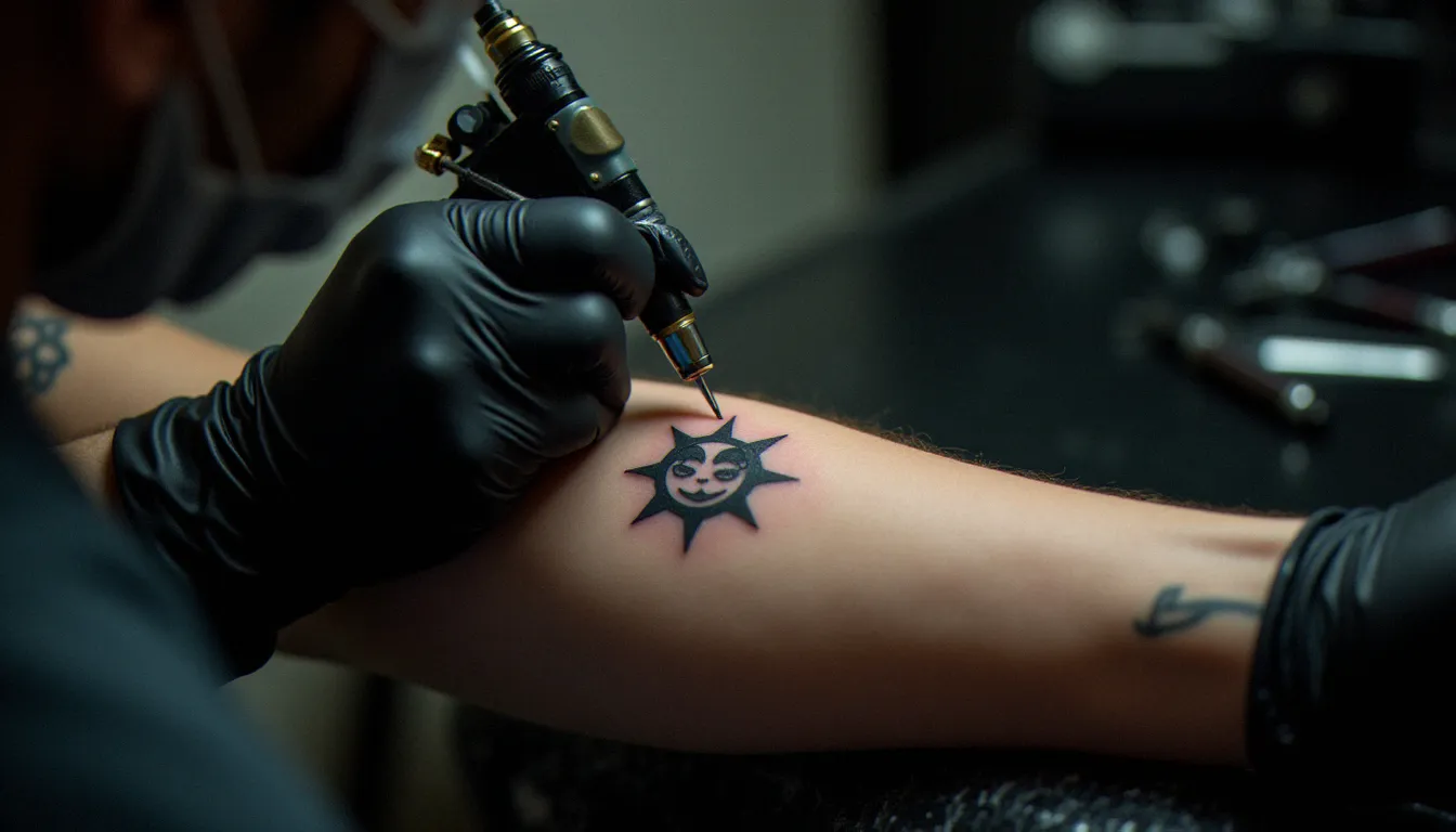 Gros plan d'un tatoueur professionnel réalisant un motif soleil et lune en fine line sur l'avant-bras d'un jeune homme, illustrant les motifs populaires pour un tatouage meilleur ami fille garçon