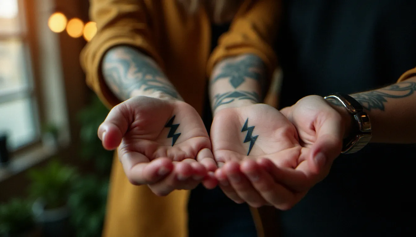 Deux poignets côte à côte, un féminin et un masculin, portant chacun une moitié d'éclair tatoué en encre noire formant ensemble un tatouage meilleur ami fille garçon complet