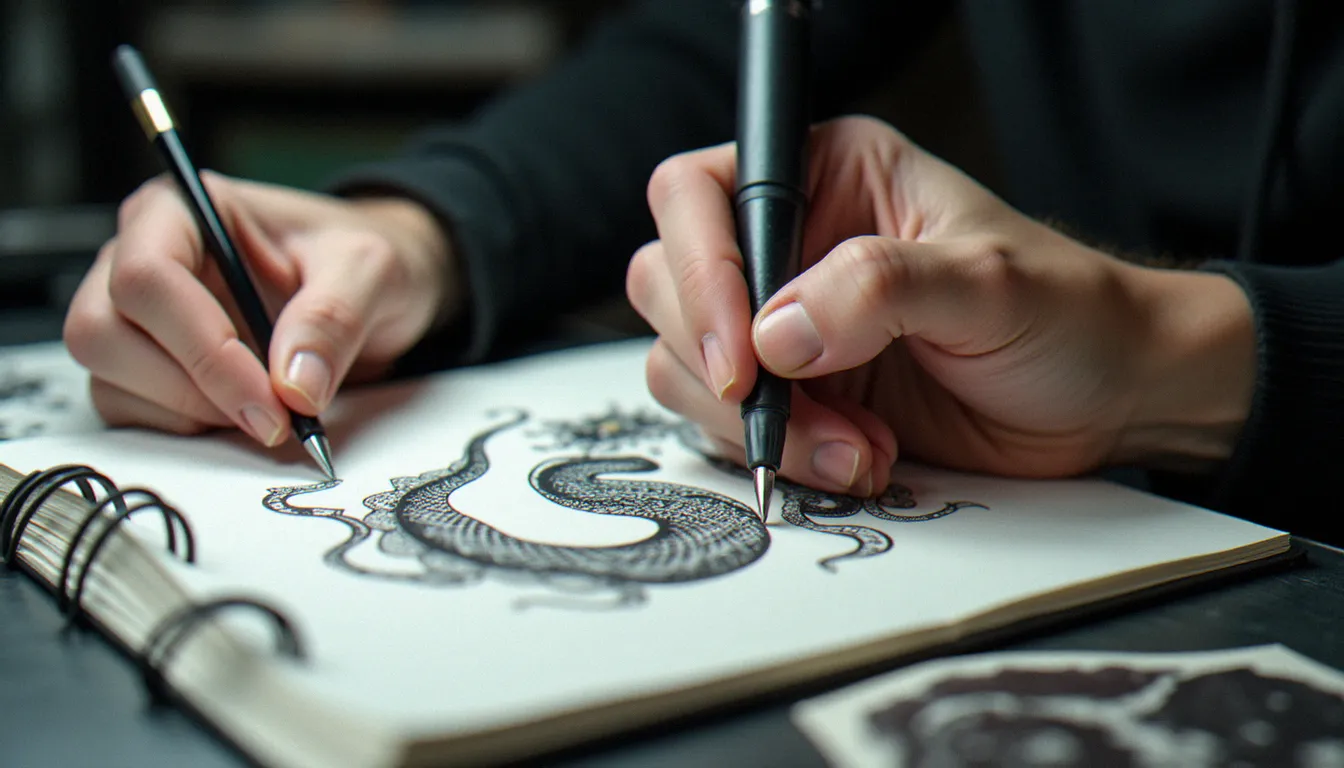 Tatoueuse dessinant un design de tatouage style japonais pour un duo d'amis hommes dans un studio professionnel