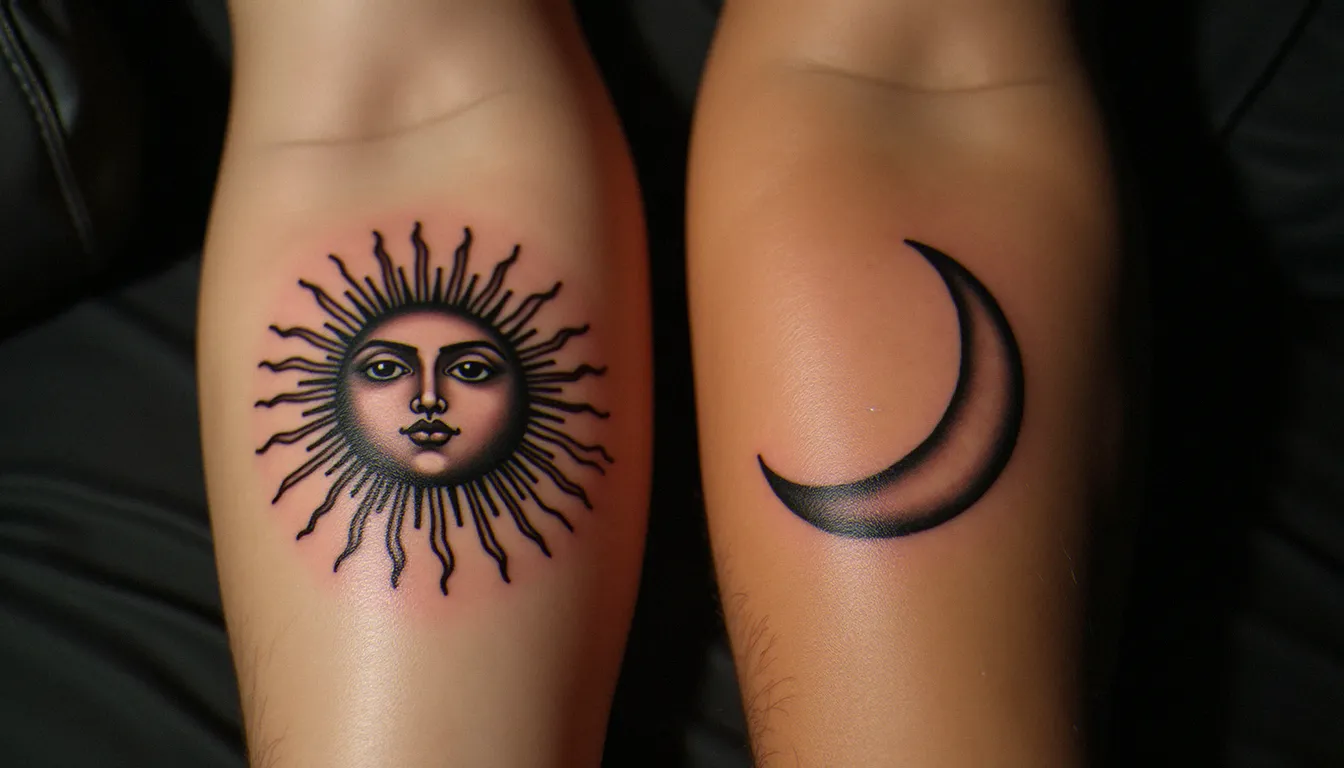 Deux avant-bras masculins tatoués côte à côte avec des designs soleil et lune complémentaires, illustration d'un tatouage meilleur ami homme