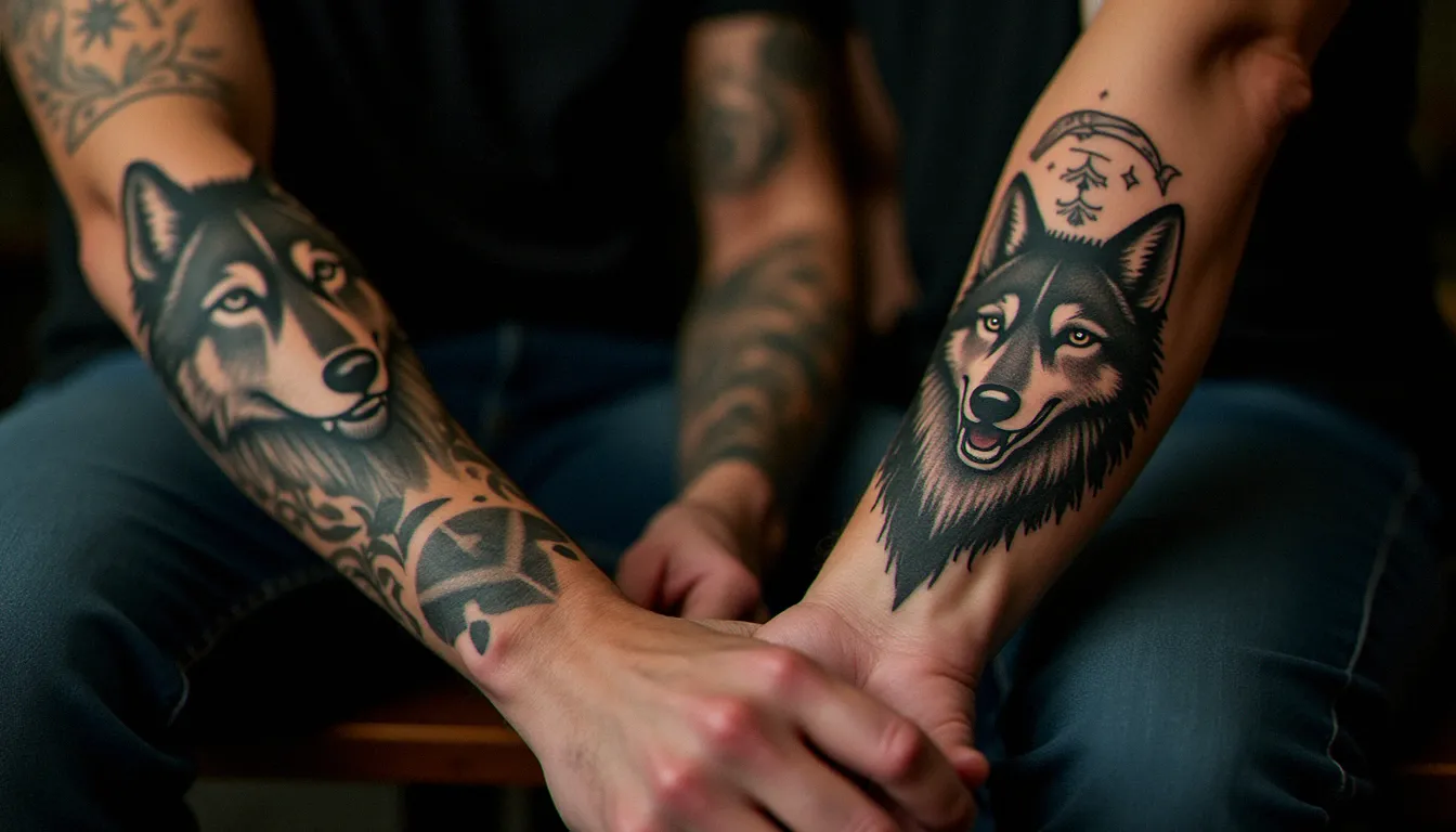 Deux hommes côte à côte dans un studio de tatouage montrant leurs avant-bras avec des tatouages meilleur ami homme complémentaires en blackwork