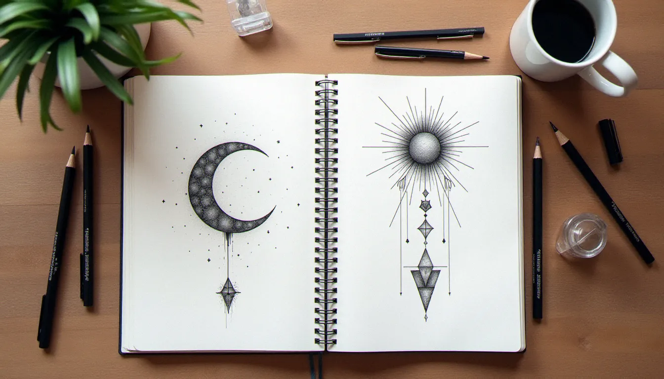 Carnet de croquis ouvert présentant plusieurs motifs complémentaires pour tatouage d'amitié, entouré de crayons et outils de dessin sur une table en bois