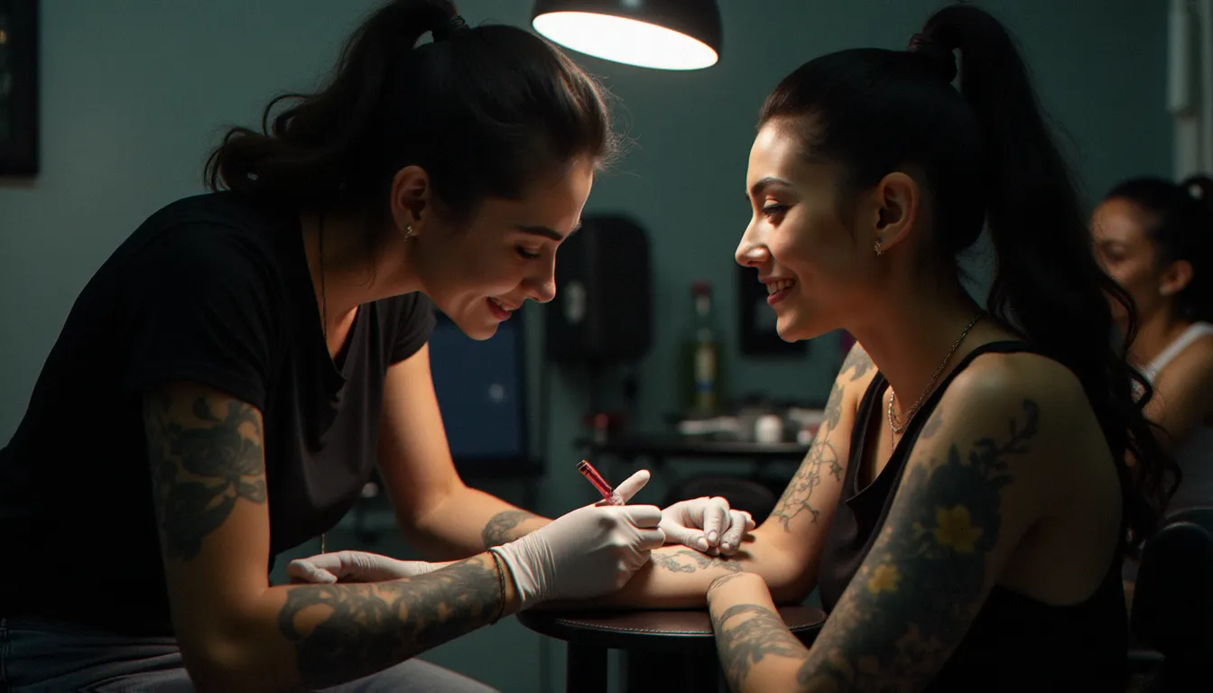 Tatoueuse appliquant un gabarit sur l'avant-bras d'une cliente accompagnée de sa meilleure amie, dans un studio de tatouage moderne et épuré avant la séance de tatouage en commun